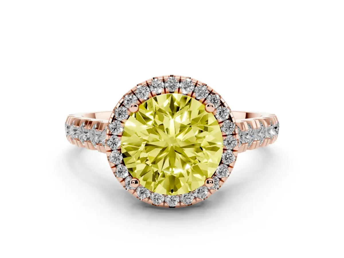 Fancy Yellow Round Cut Halo Pavé Diamond Engagement Ring with Four-Prong Setting Rose gold