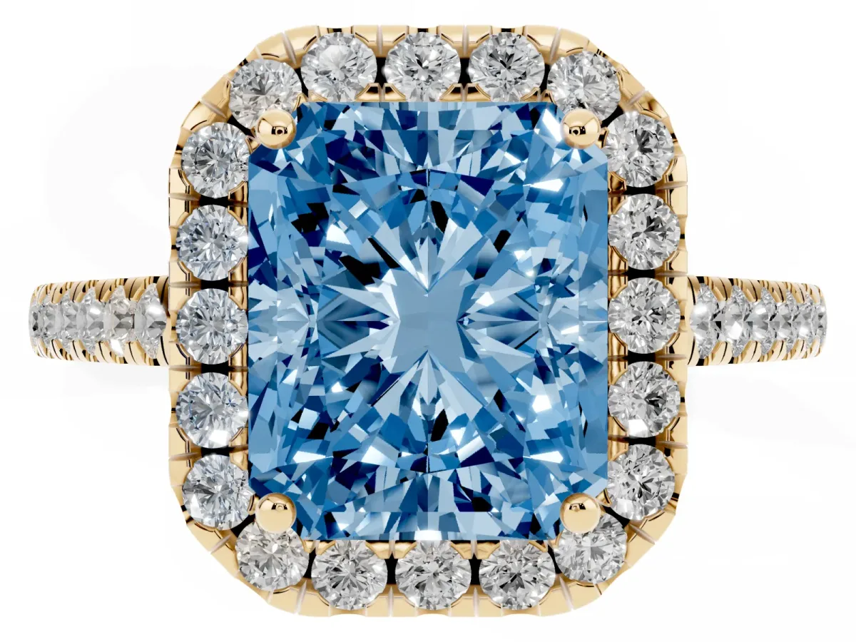 Fancy Blue Radiant Cut Halo Pavé Diamond Engagement Ring with Four-Prong Setting Yellow gold