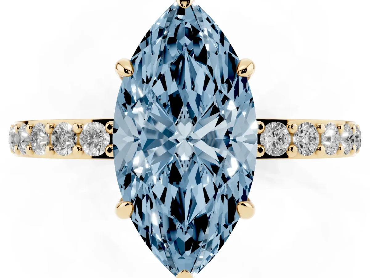 Fancy Blue Marquise Cut Diamond Pavé Engagement Ring with Round Accents and Prong Setting Yellow gold