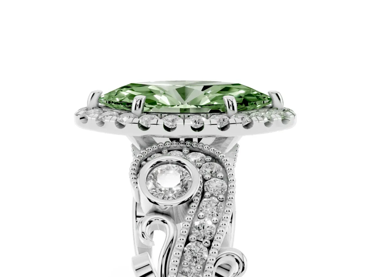 Fancy Green Marquise Cut Diamond Halo Ring with Milgrain Pavé Band and Four-Prong Setting Platinum