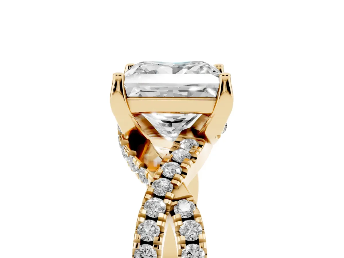 Princess Cut Solitaire Twist Pave Diamond Engagement Ring with Prong Setting Yellow gold