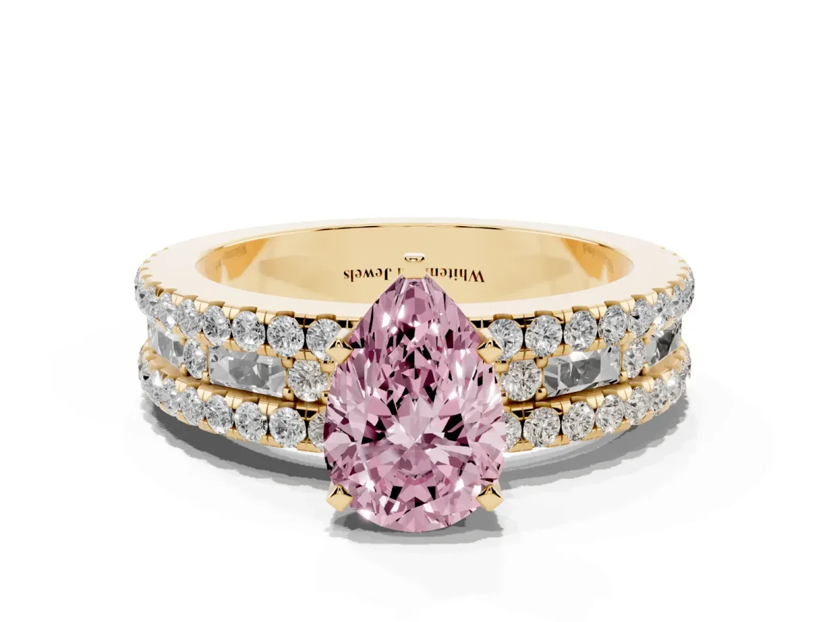 Fancy Pink Pear Cut Diamond Solitaire Ring with Pavé and Channel Set Band Yellow gold