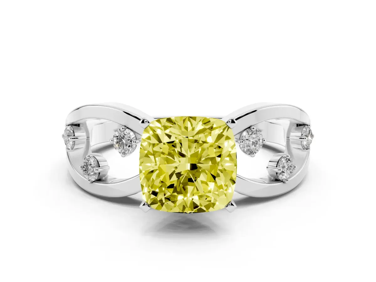 Fancy Yellow Cushion Cut Cut Solitaire Diamond with Side Stones on Criss-Cross Band and Four-Prong Setting Silver
