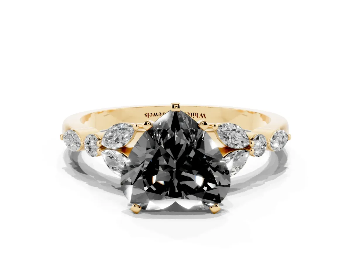 Fancy Black Heart Cut Diamond Solitaire Ring with Side Stones and Four-Prong Setting Yellow gold