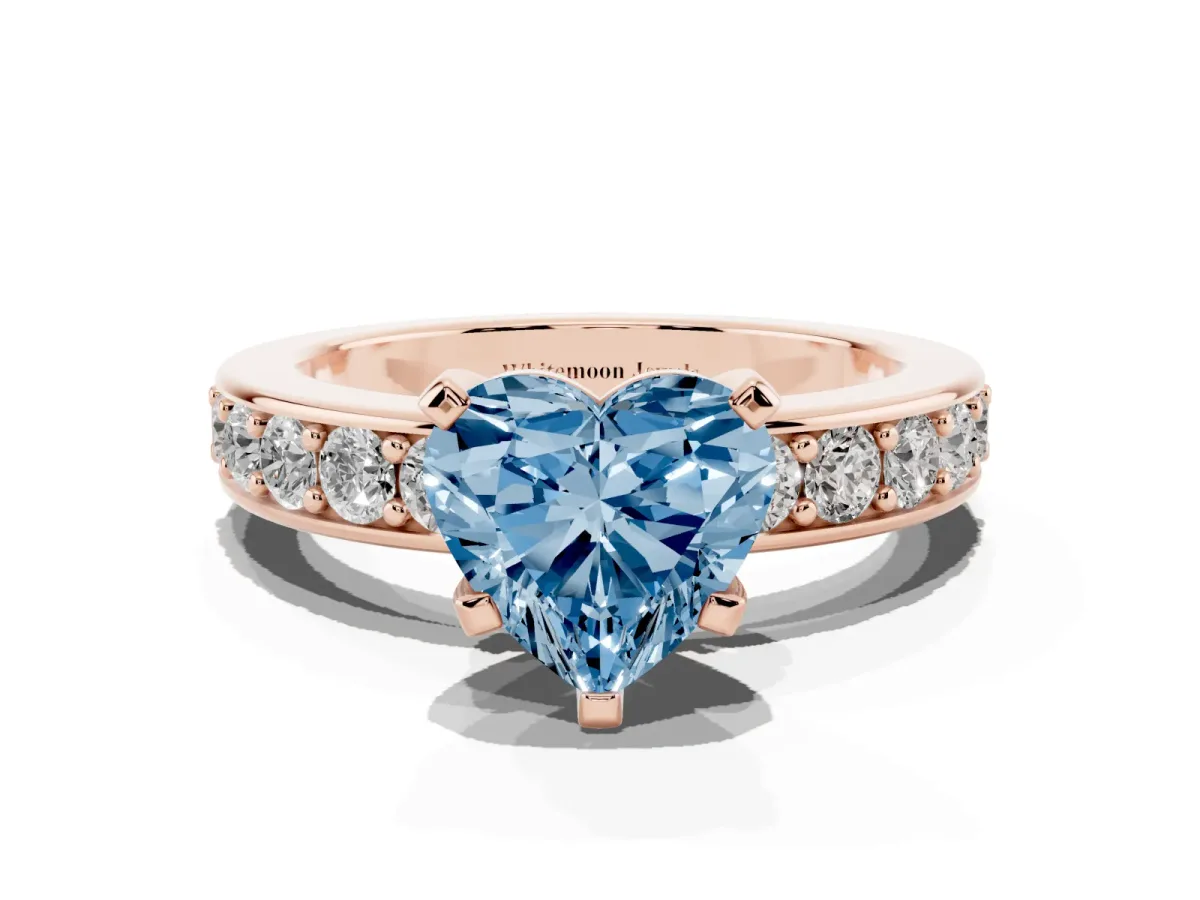 Fancy Blue Heart Cut Diamond Engagement Ring with Channel Set Round Band and Prong Setting Rose gold