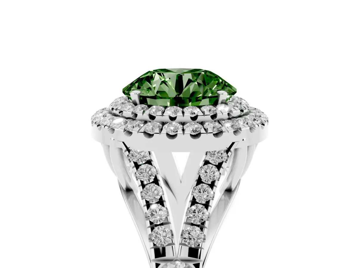 Fancy Green Round Cut Diamond Double Halo Ring with Split Shank and Prong Setting Platinum