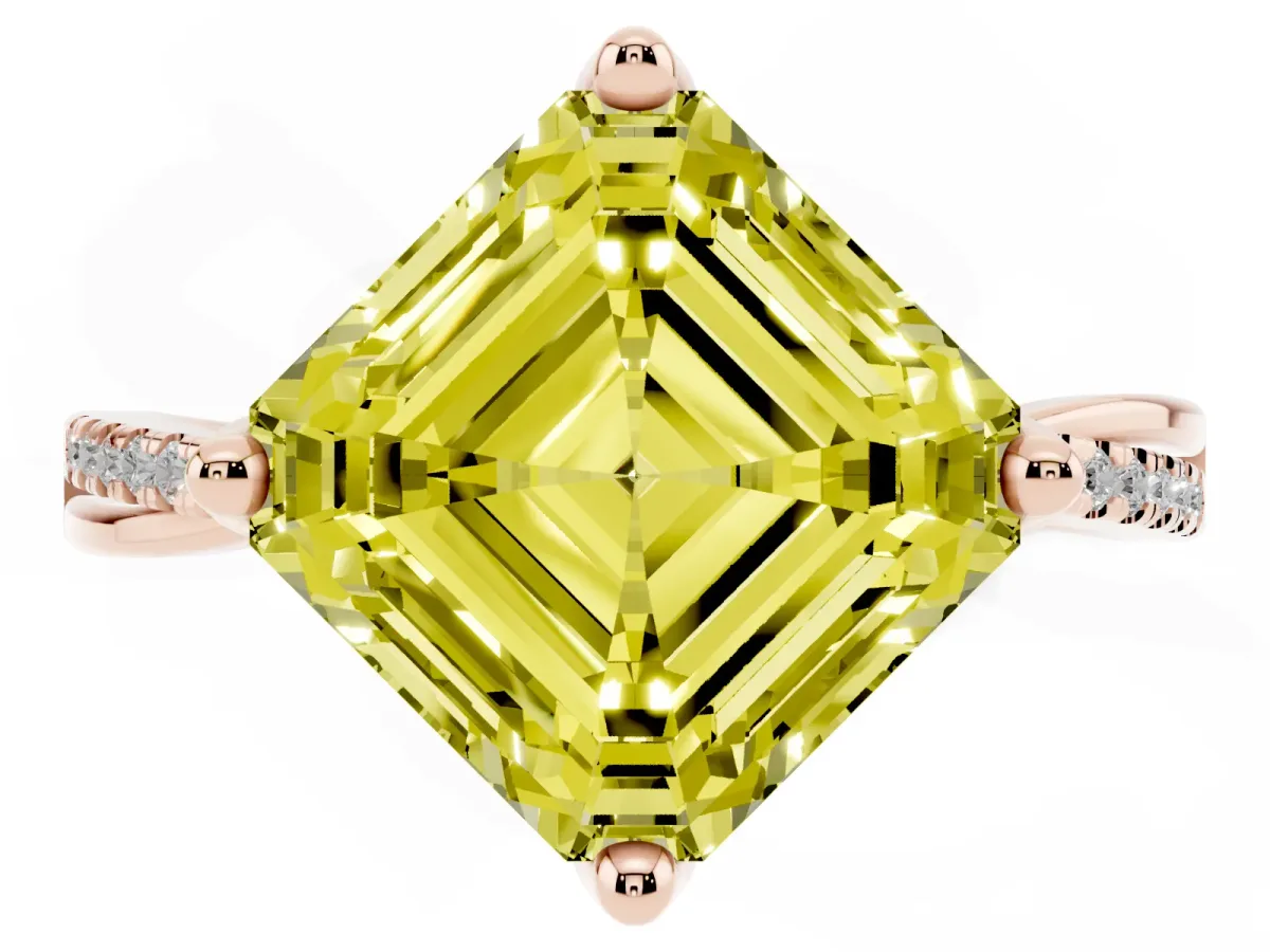 Fancy Yellow Asscher Cut Solitaire Twist Band with Pavé Diamonds and Four-Prong Setting Rose gold