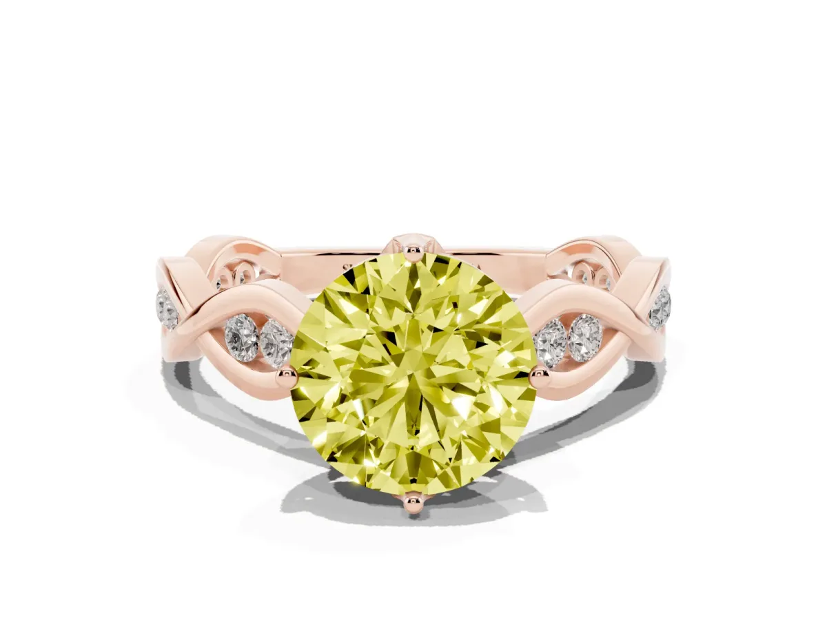 Fancy Yellow Round Cut Solitaire Twist Band with Leaf Prong Setting Rose gold