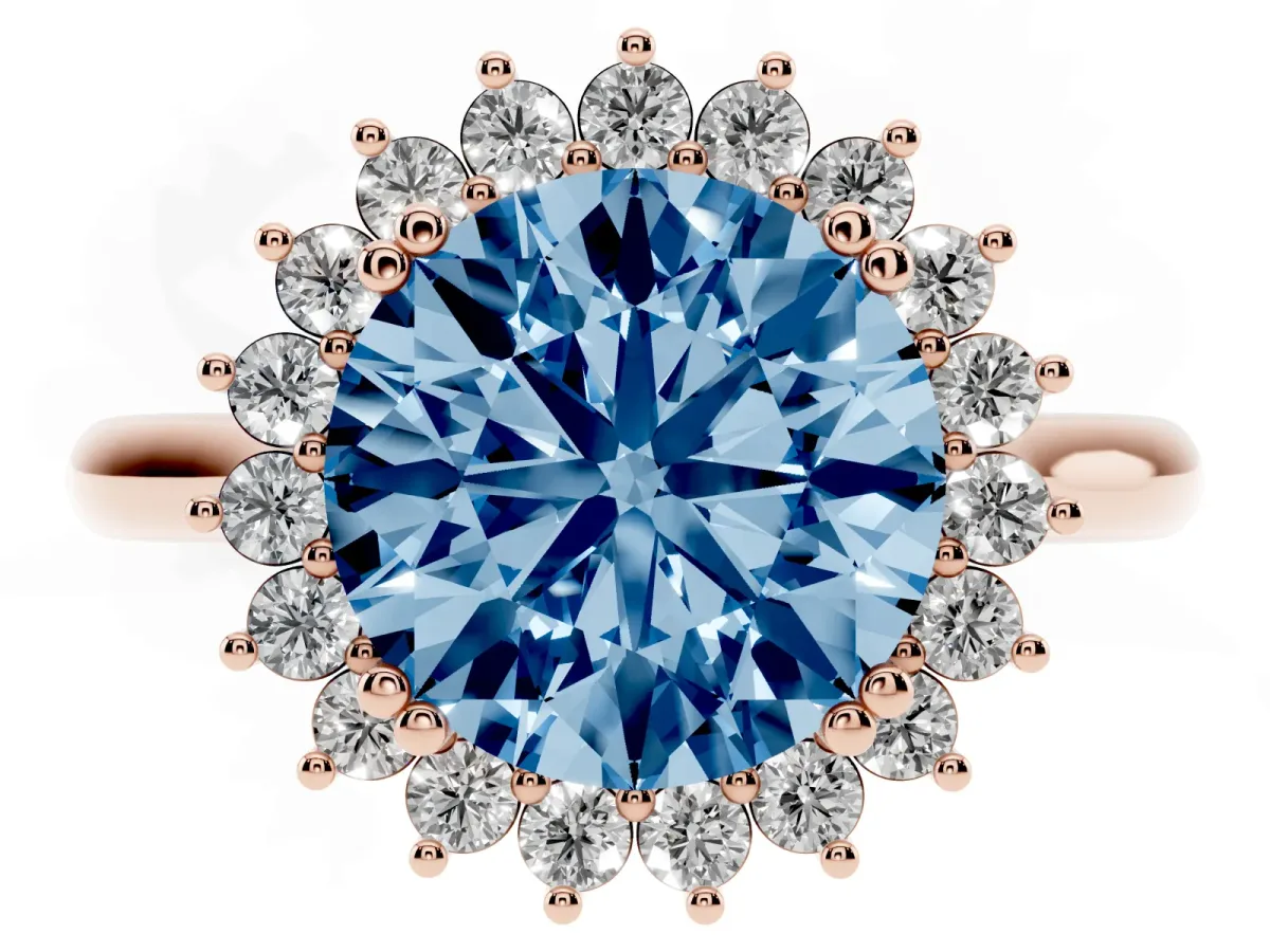 Fancy Blue Round Cut Cut Diamond Halo Ring with Solitaire Band and Prong Setting Rose gold