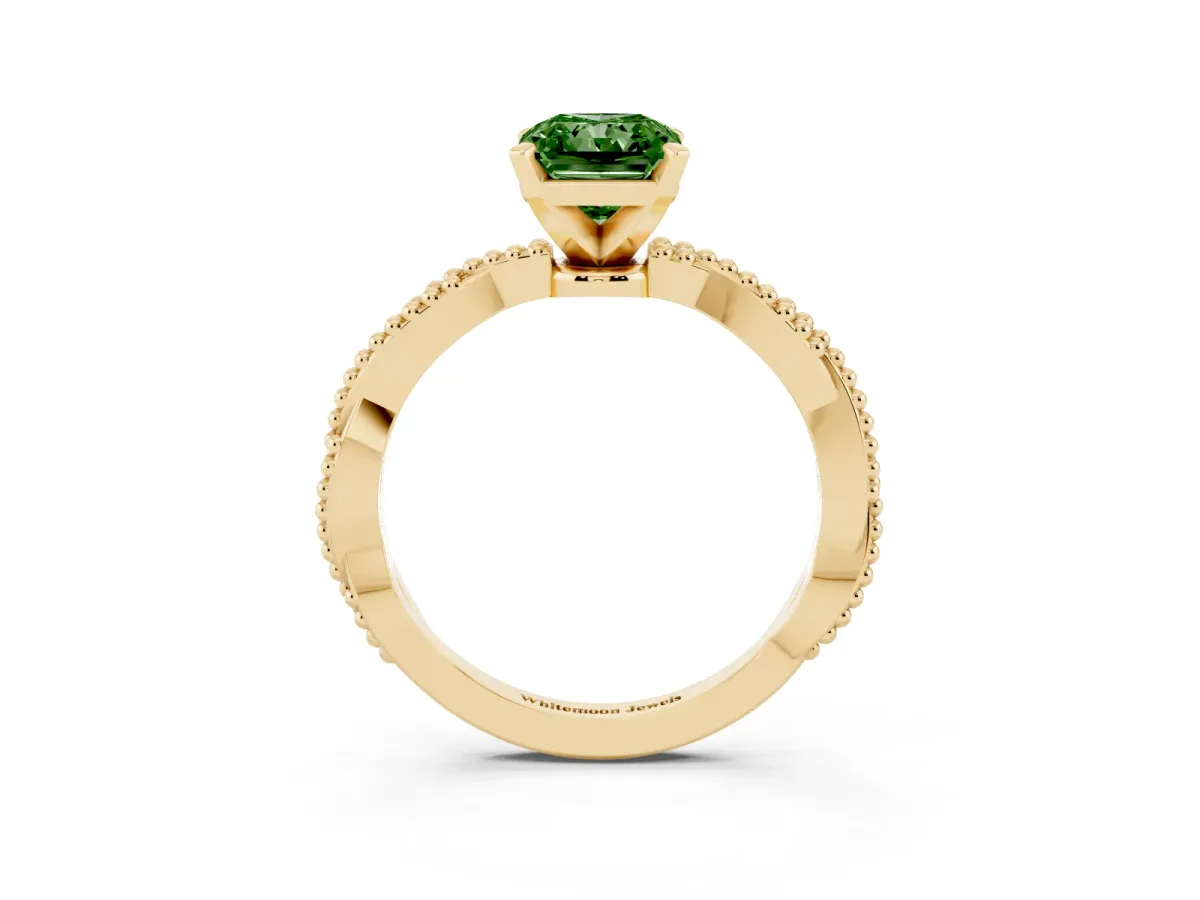 Fancy Green Radiant Cut Solitaire Twisted Band with Bead Prong Setting Yellow gold