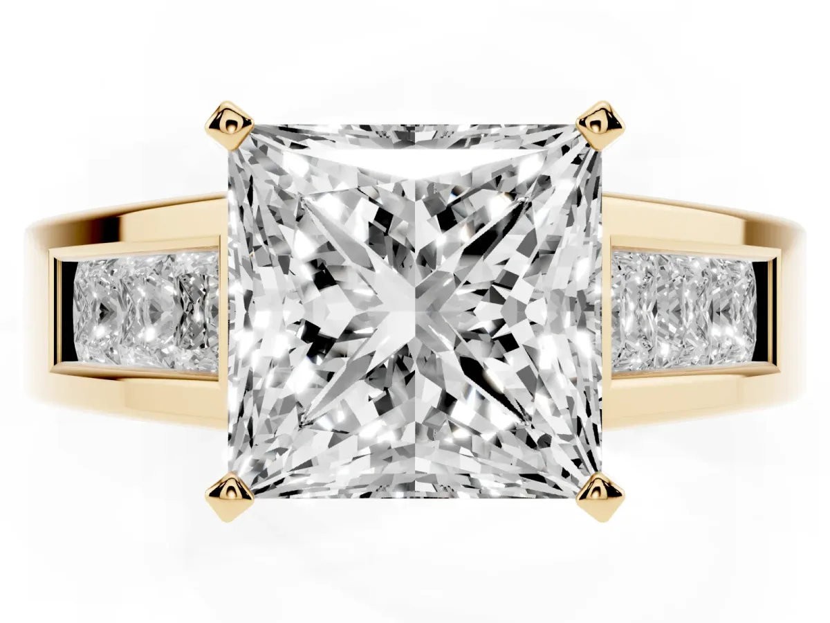 Princess Cut Cut Channel Set Solitaire Ring with Four-Prong Setting Yellow gold