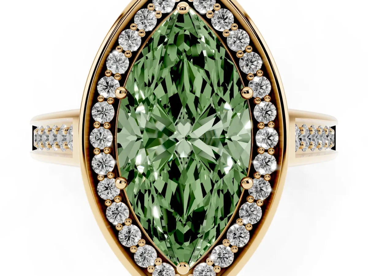Fancy Green Marquise Cut Halo Solitaire Diamond Ring with Pave Band and Bezel Setting Yellow gold