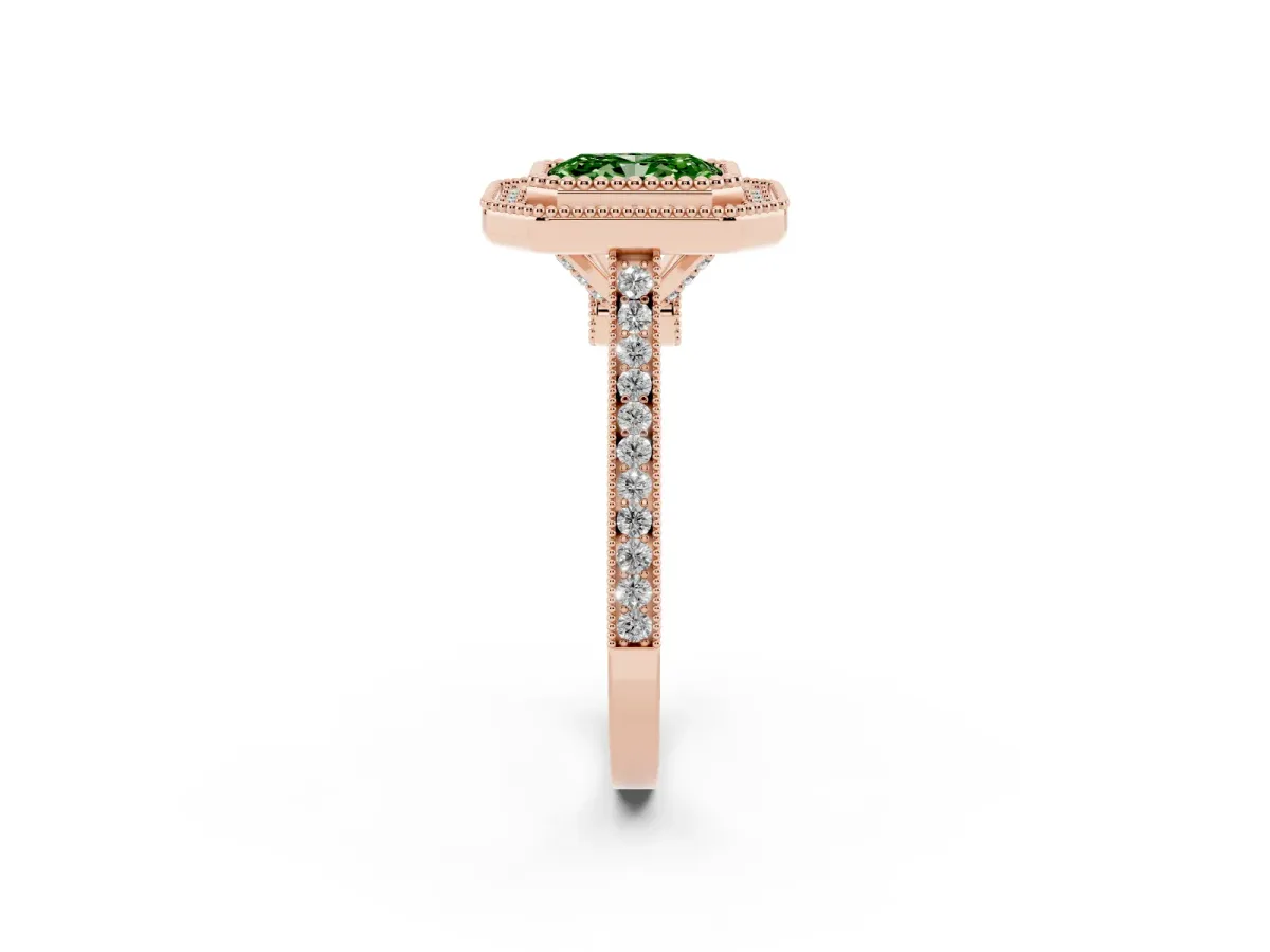 Fancy Green Radiant Cut Diamond Halo Ring with Milgrain Frame and Pavé Band Rose gold