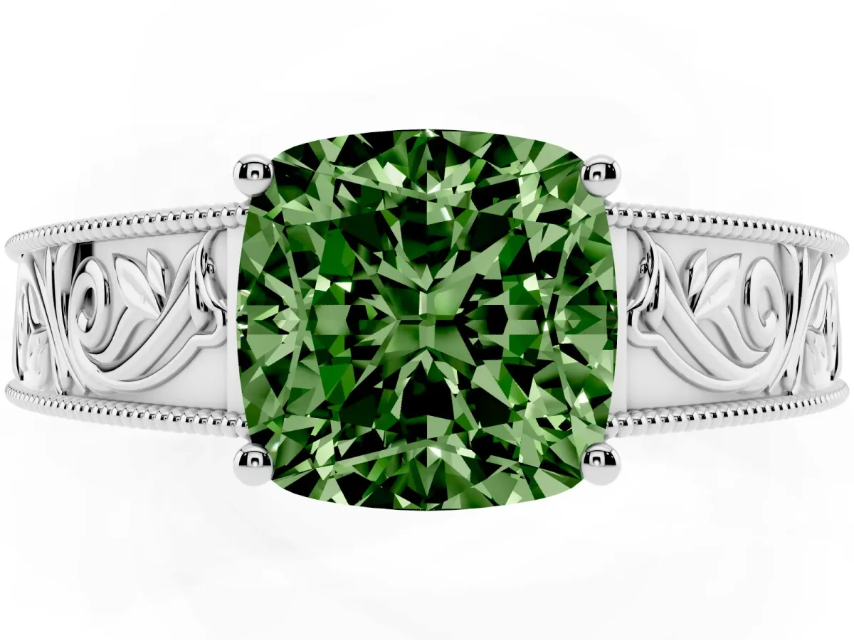 Fancy Green Cushion Cut Diamond Solitaire Ring with Engraved Band and Four-Prong Setting White gold