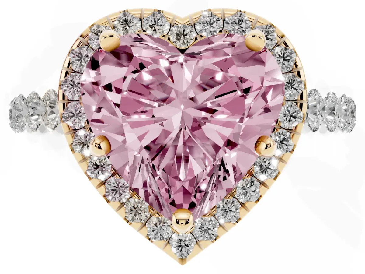 Fancy Pink Heart Cut Halo Pavé Diamond Engagement Ring with Four-Prong Setting Yellow gold