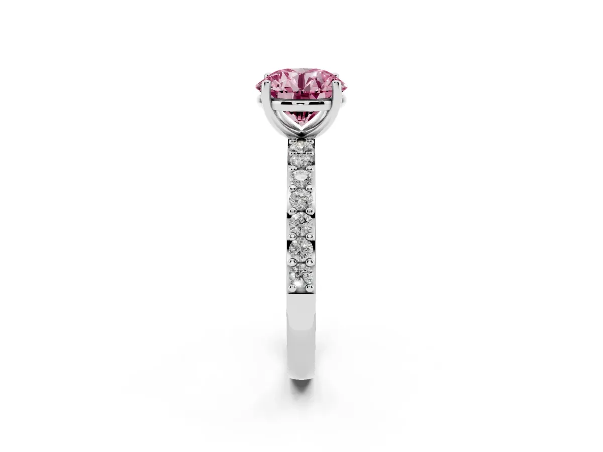 Fancy Pink Round Cut Cut Diamond Solitaire with Pave Band and Four-Prong Setting Silver