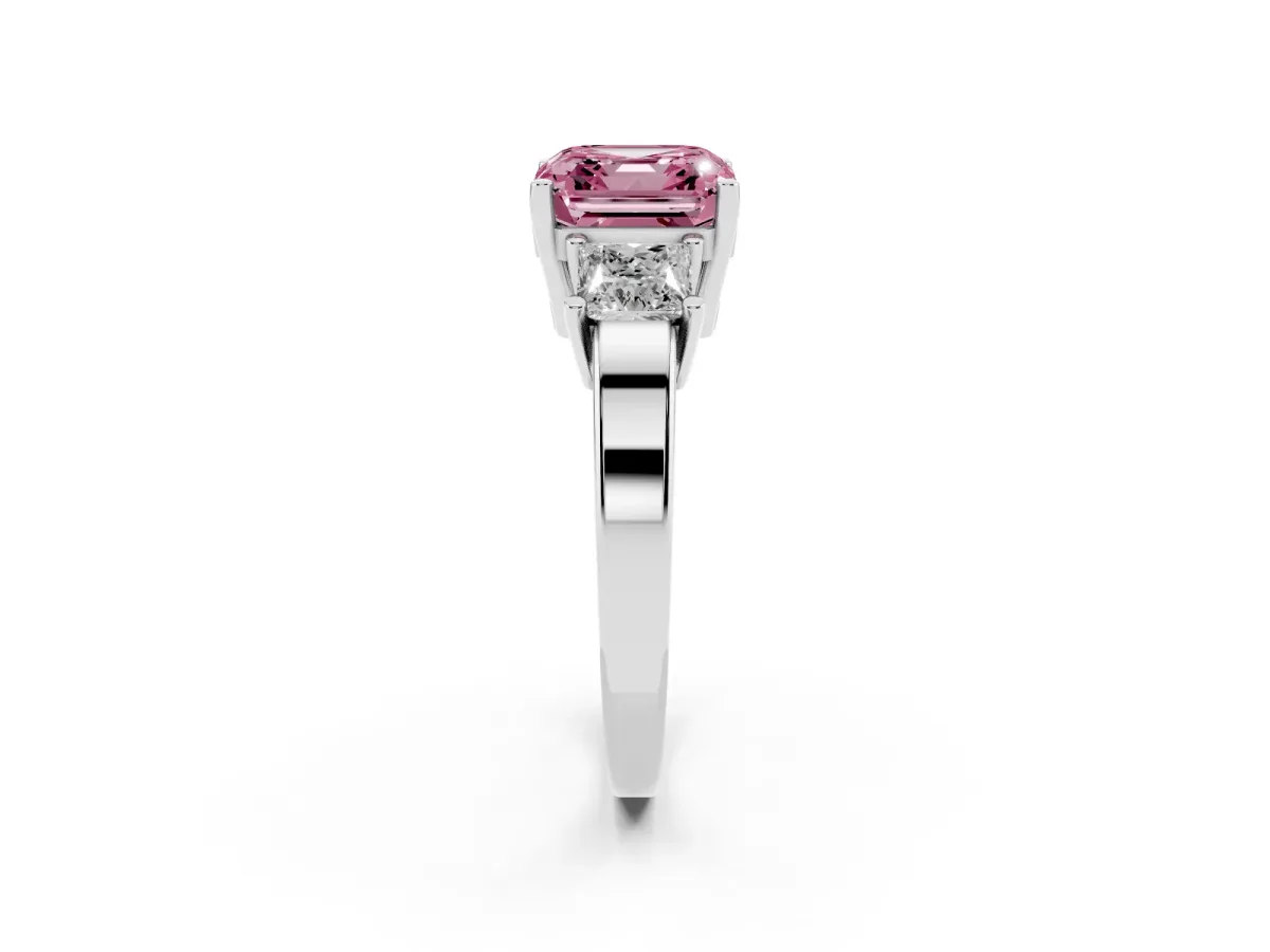 Fancy Pink Three-Stone Asscher Cut Cut Solitaire Ring with Prong Setting Silver