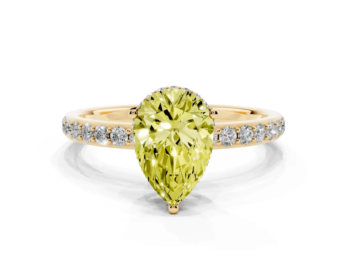 Fancy Yellow Pear Cut Diamond Solitaire Ring with Pavé Band and Hidden Halo Yellow gold