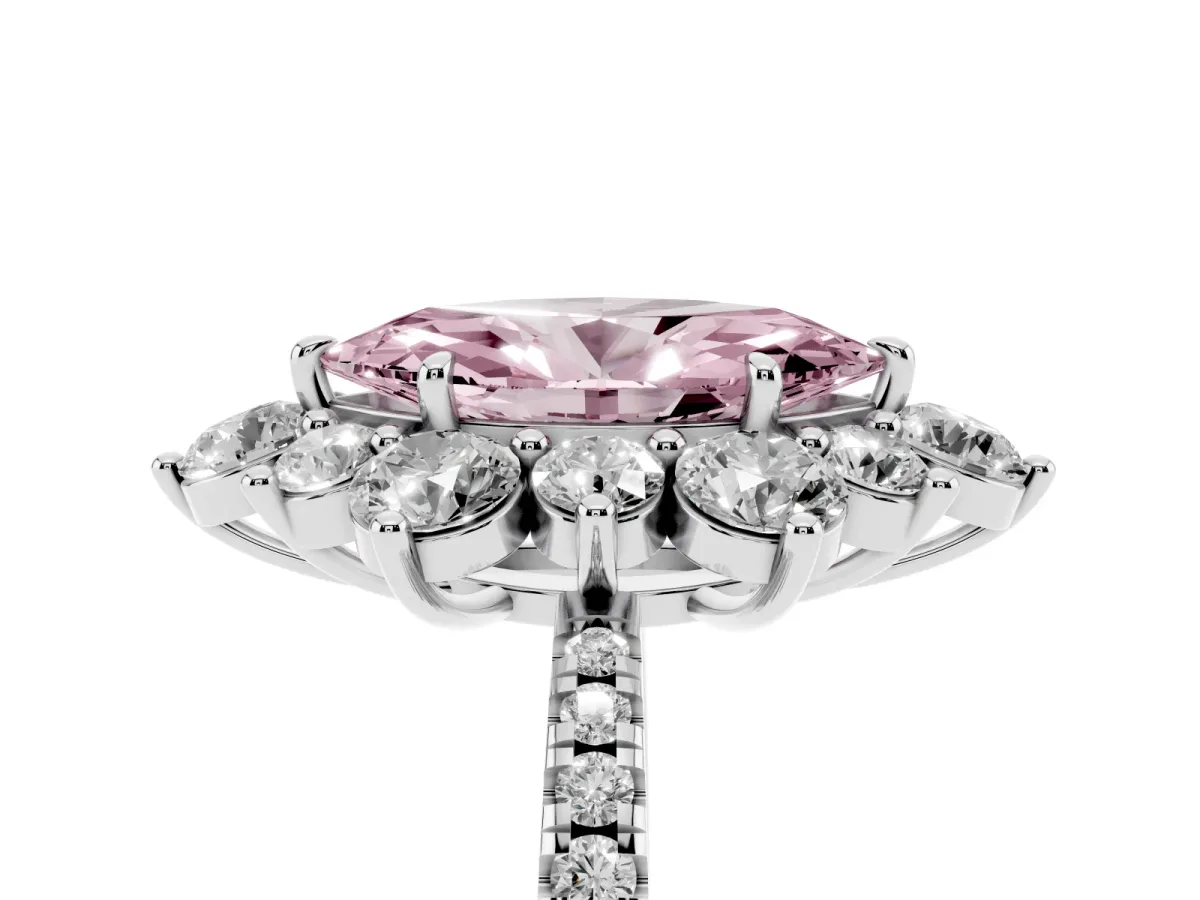 Fancy Pink Marquise Cut Diamond Floral Halo Ring with Round Pavé Band and Prong Setting White gold