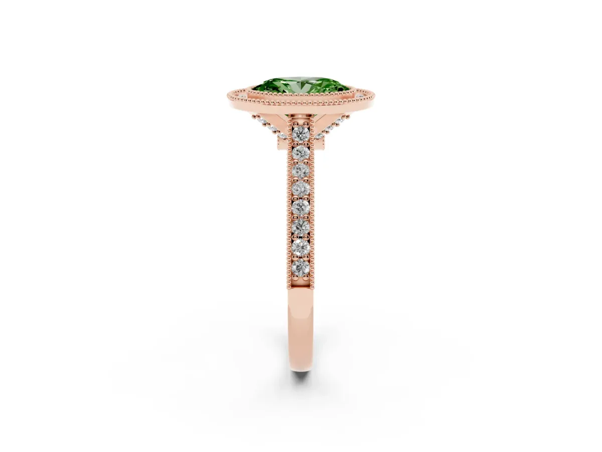 Fancy Green Halo Oval Cut-Cut Diamond Pave Band Milgrain Prong Setting Ring Rose gold