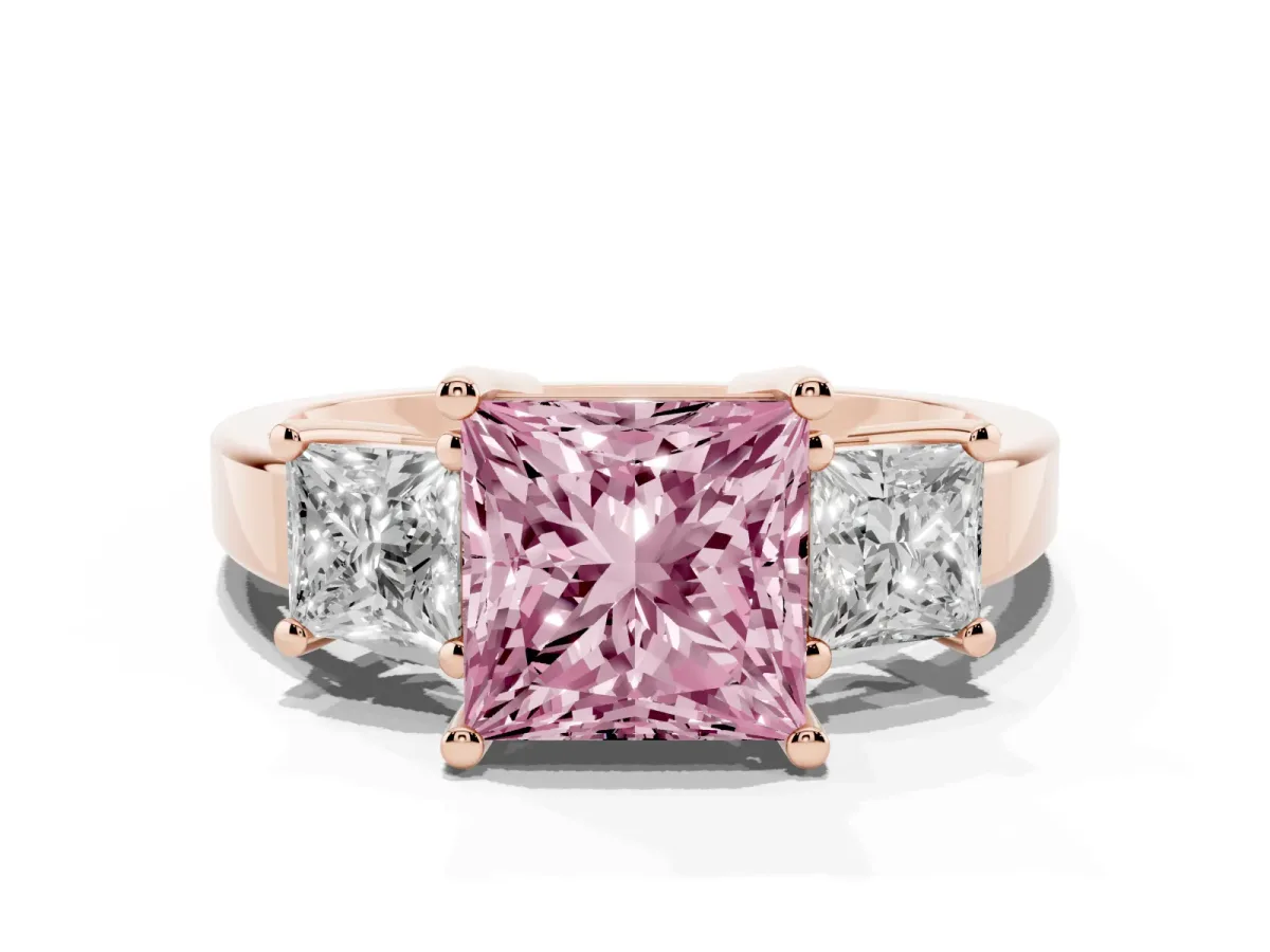 Fancy Pink Three-Stone Princess Cut Cut Solitaire Ring with Prong Setting Rose gold