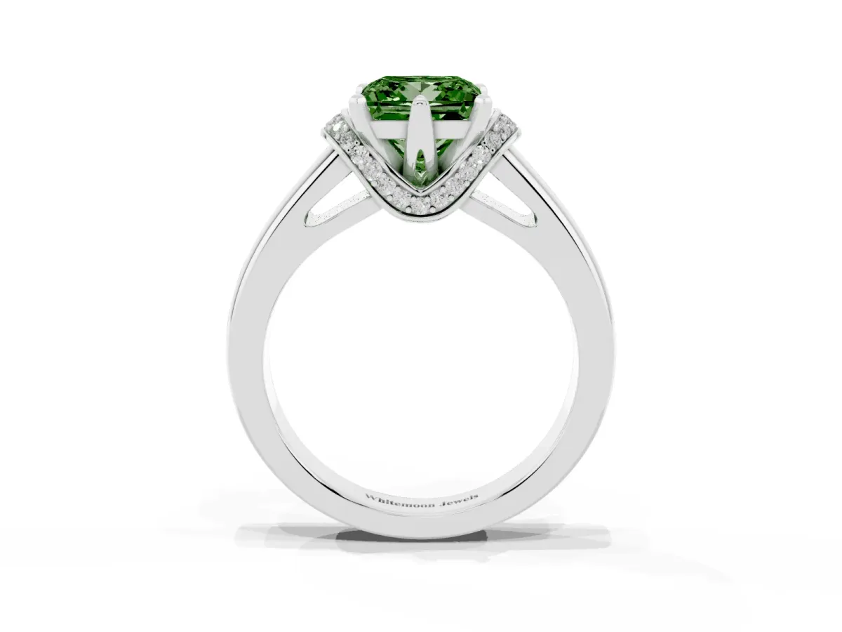 Fancy Green Princess Cut Solitaire Diamond Ring with Pave Band and Six-Prong Setting Platinum