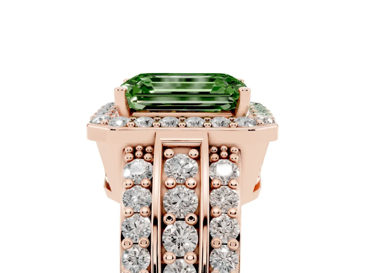 Fancy Green Emerald Cut Halo Diamond Ring with Round Split Shank and Prong Setting Rose gold