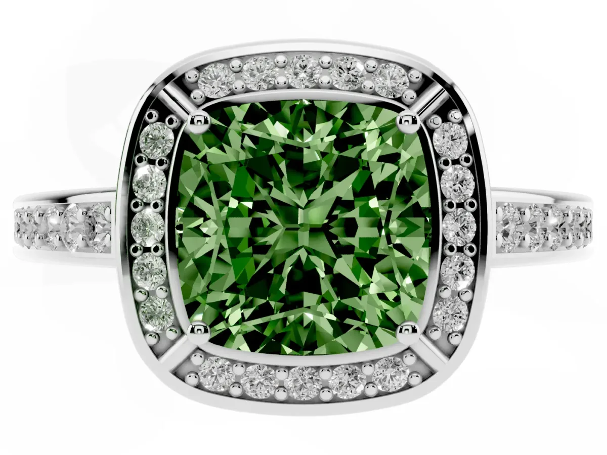 Fancy Green Cushion Cut Cut Halo Pave Split Shank Prong Setting Ring Silver