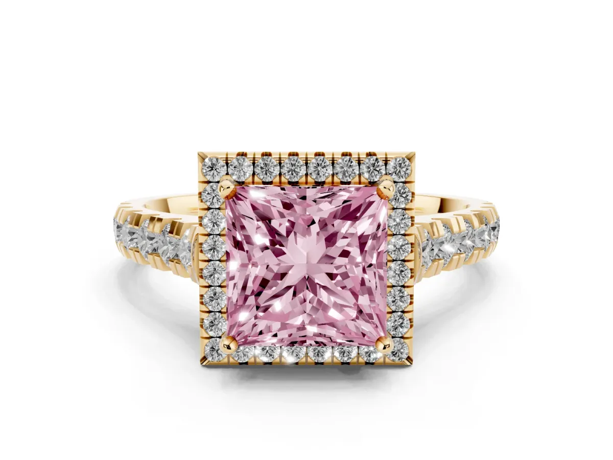 Fancy Pink Princess Cut Halo Pavé Diamond Engagement Ring with Four-Prong Setting Yellow gold
