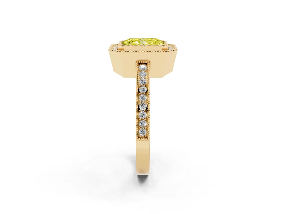 Fancy Yellow Radiant Cut Cut Halo Diamond Ring with Pavé Band and Milgrain Prong Setting Yellow gold