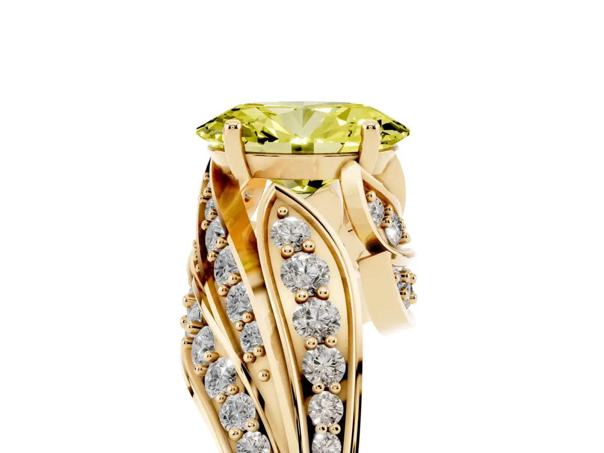 Fancy Yellow Oval Cut Diamond Solitaire Ring with Prong Setting and Twisted Pavé Band Yellow gold