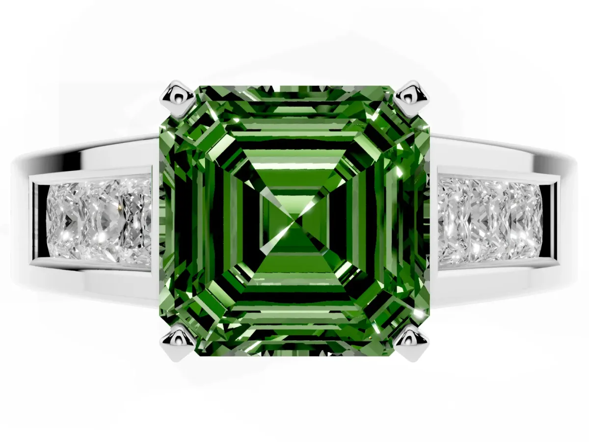 Fancy Green Asscher Cut Cut Channel Set Solitaire Ring with Four-Prong Setting Platinum