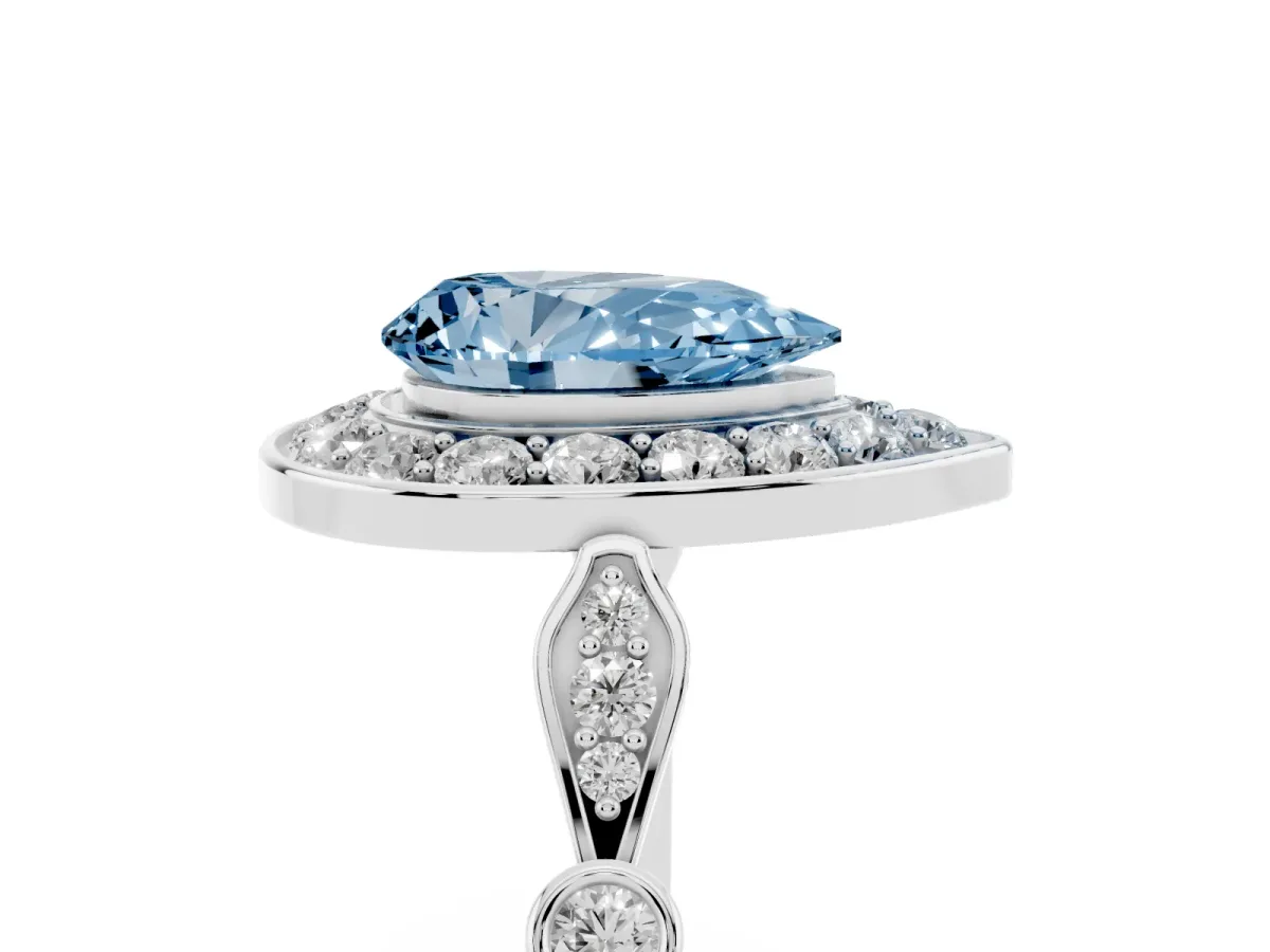 Fancy Blue Pear Cut Halo Diamond Engagement Ring with Twisted Band and Four-Prong Setting White gold