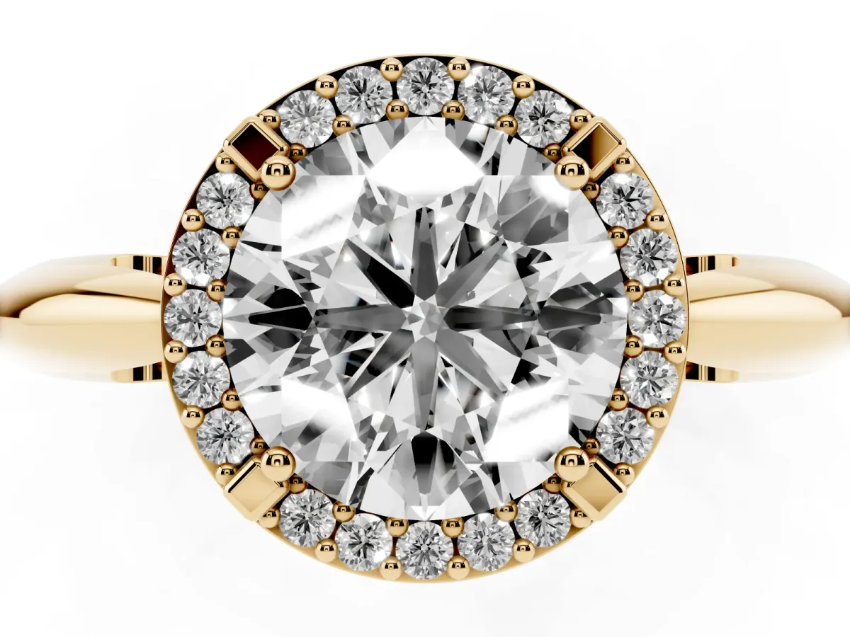 Round Cut Cut Diamond Halo Engagement Ring with Split Shank and Four-Prong Setting Yellow gold