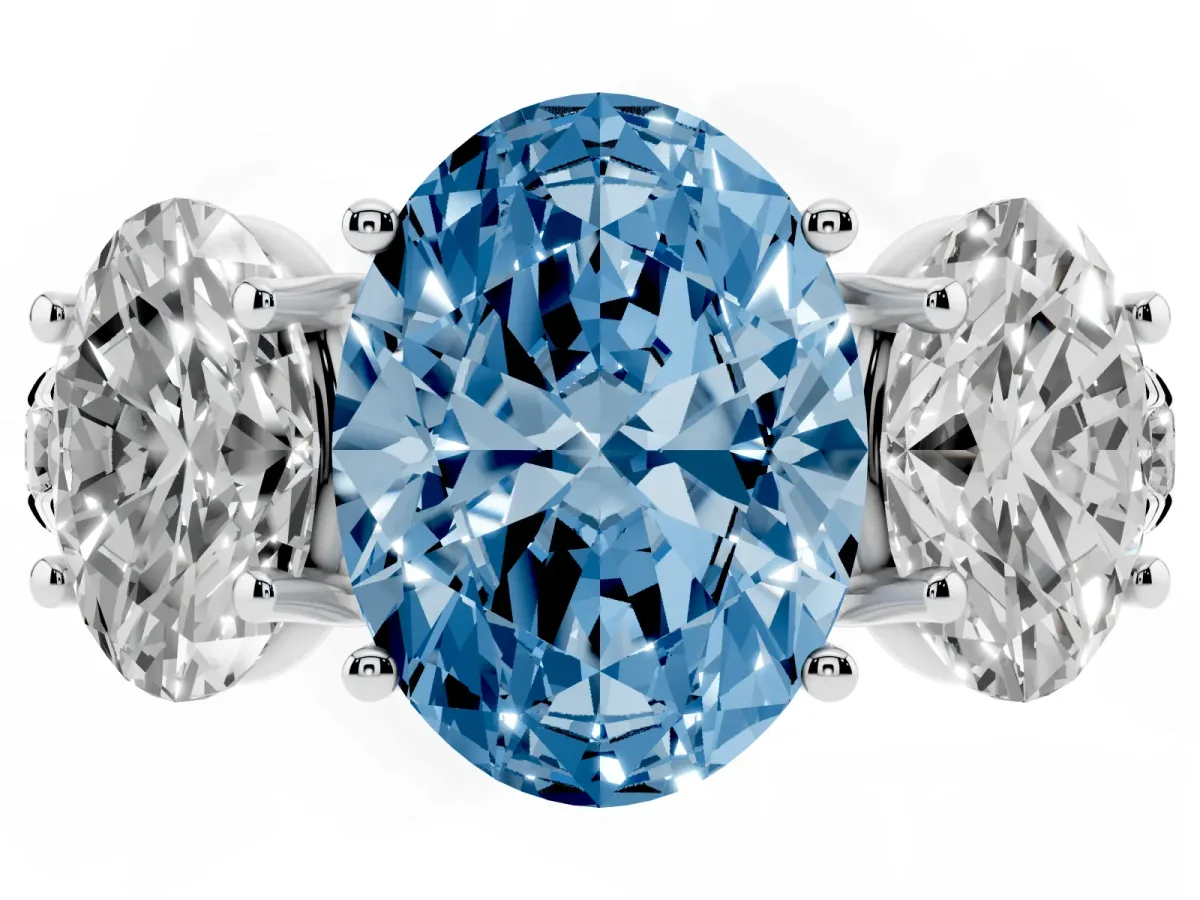 Fancy Blue Three-Stone Oval Cut Diamond Pavé Band with Prong Setting Platinum