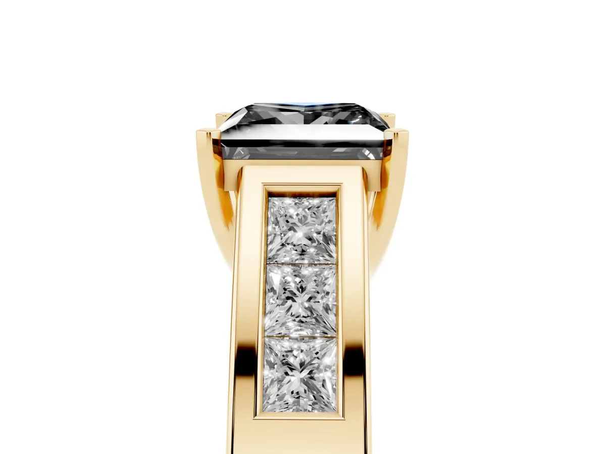 Fancy Black Princess Cut Cut Channel Set Solitaire Ring with Four-Prong Setting Yellow gold