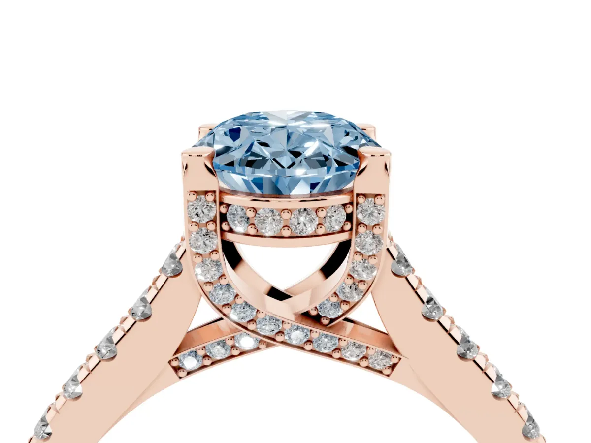 Fancy Blue Oval Cut Brilliant Diamond Solitaire with Pavé Band and Four-Prong Setting Rose gold