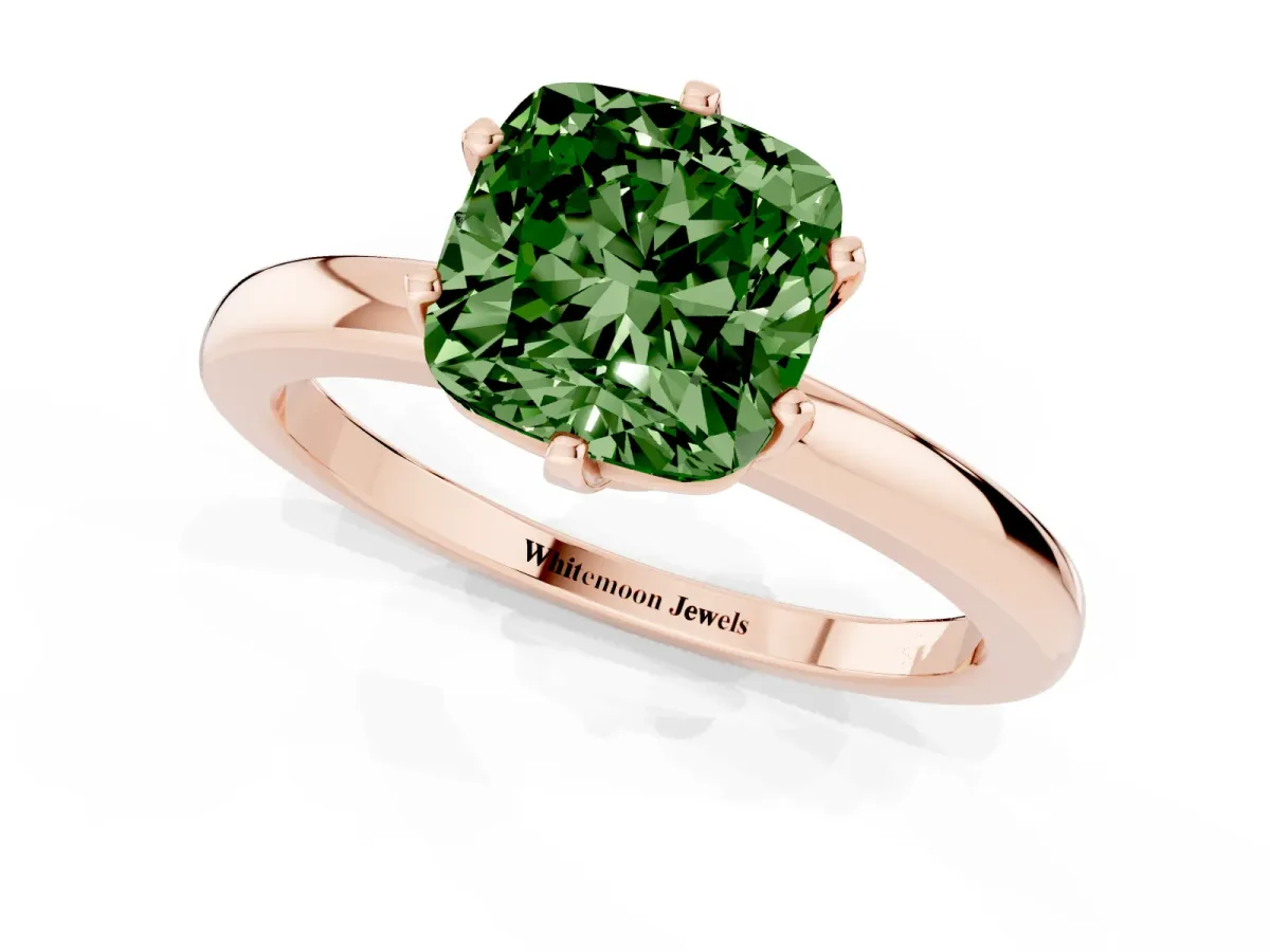 Fancy Green Cushion Cut Solitaire Diamond Ring with Six-Prong Setting on a Classic Band Rose gold