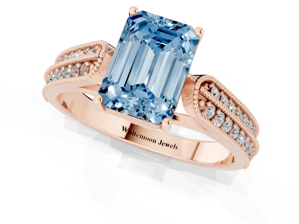 Fancy Blue Emerald Cut Cut Pave Split Shank Engagement Ring with Four-Prong Setting Rose gold