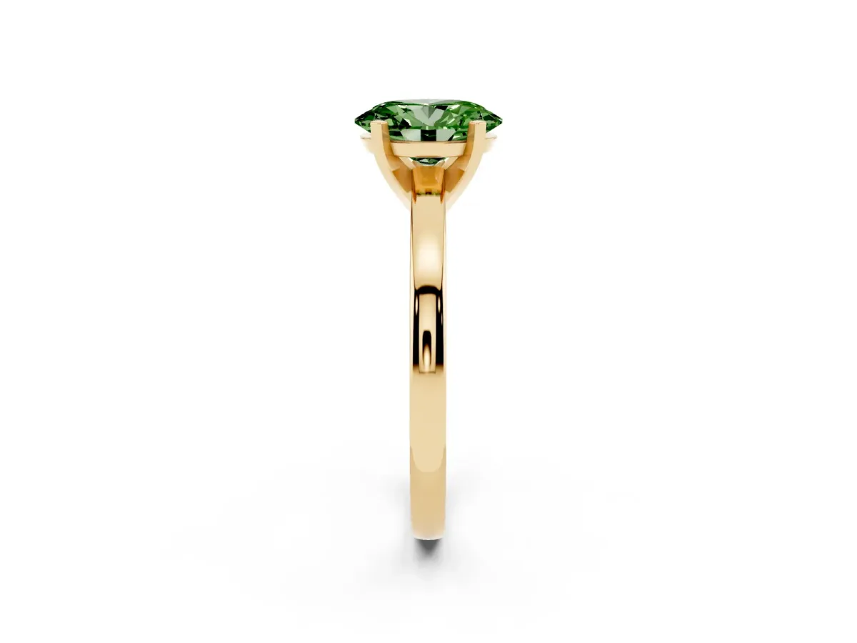 Fancy Green Oval Cut Solitaire Diamond Engagement Ring with Four-Prong Setting on a Classic Band Yellow gold