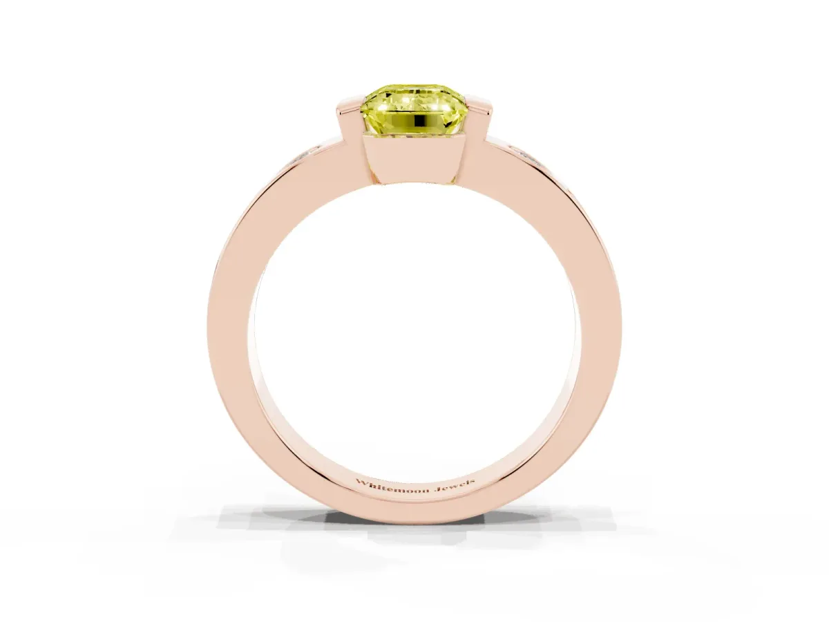 Fancy Yellow Emerald Cut Brilliant Channel-Set Diamond Ring with Bezel Prong Setting Rose gold