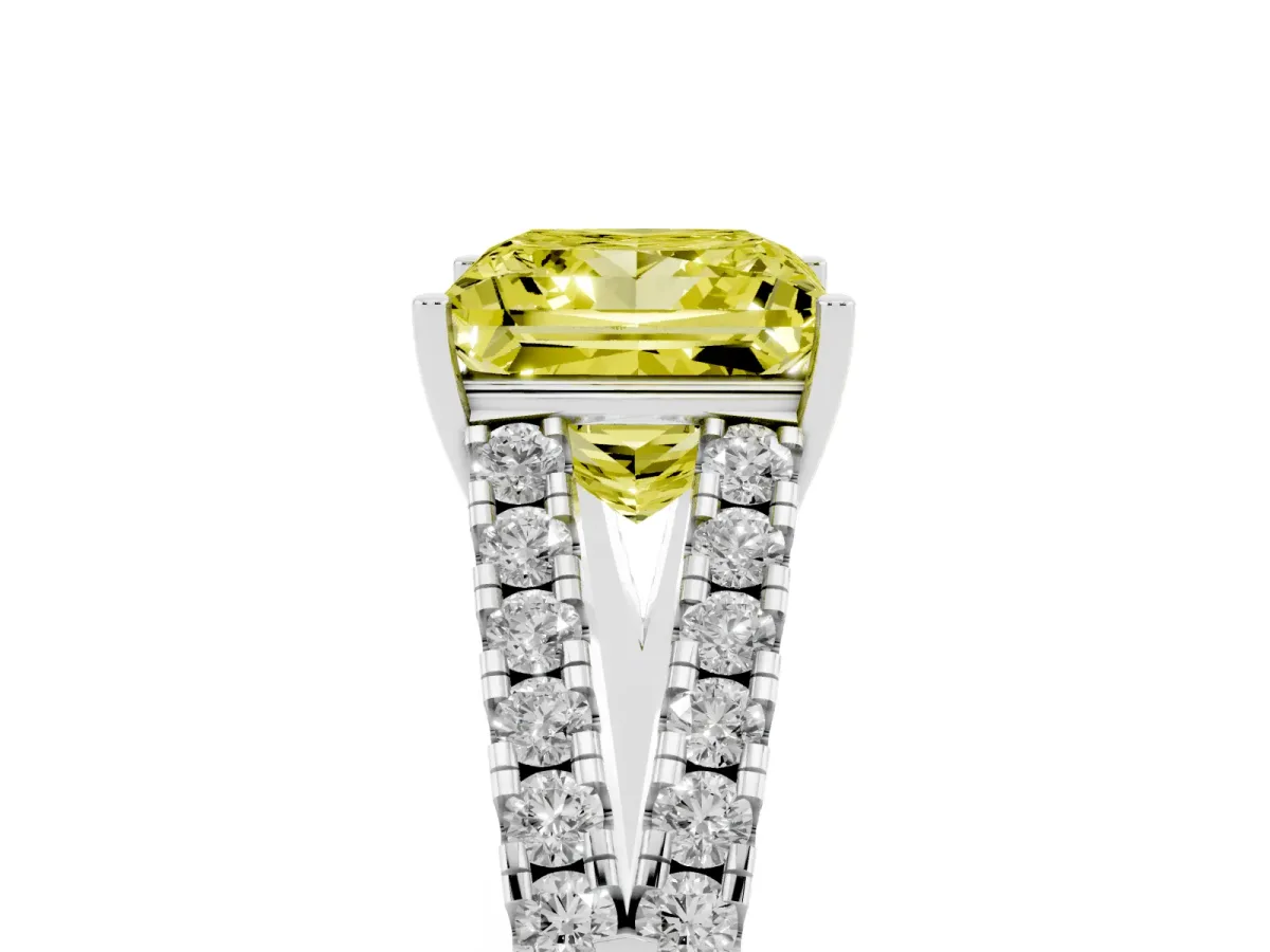 Fancy Yellow Princess Cut Diamond Split Shank Pavé Engagement Ring with Four-Prong Setting Platinum