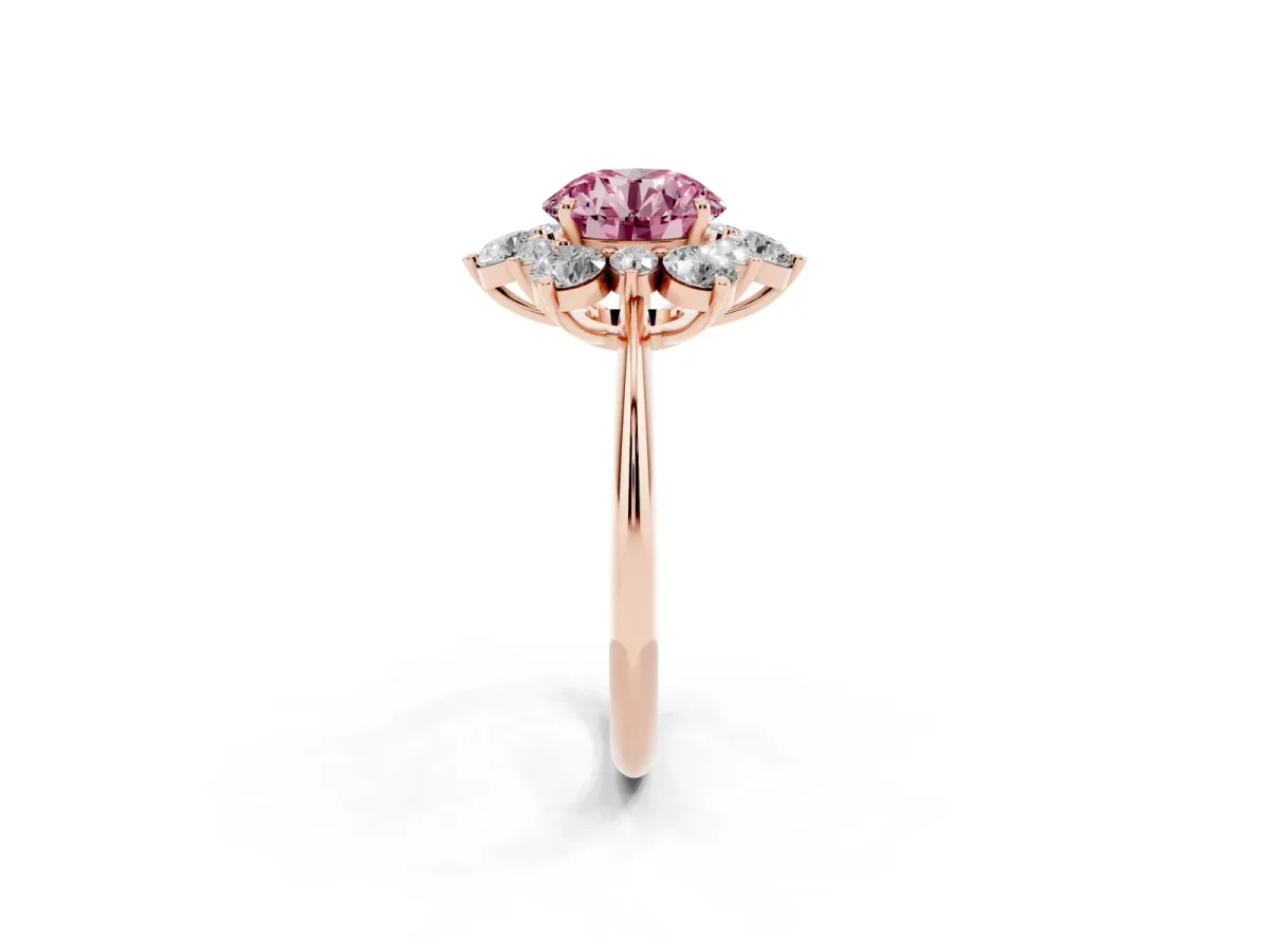Fancy Pink Round Cut Diamond Cluster Halo Ring with Solitaire Band and Four-Prong Setting Rose gold