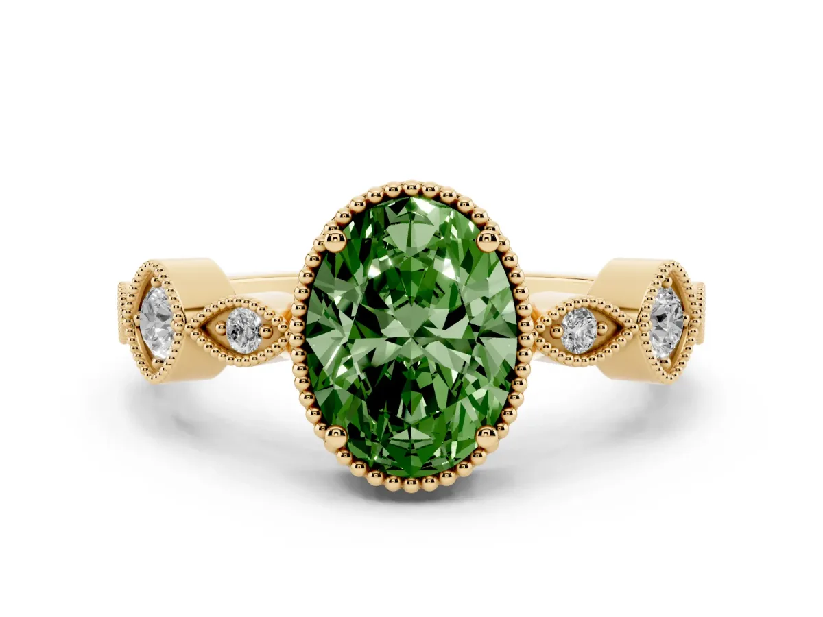 Fancy Green Oval Cut Diamond Vintage Milgrain Ring with Round Stations Yellow gold