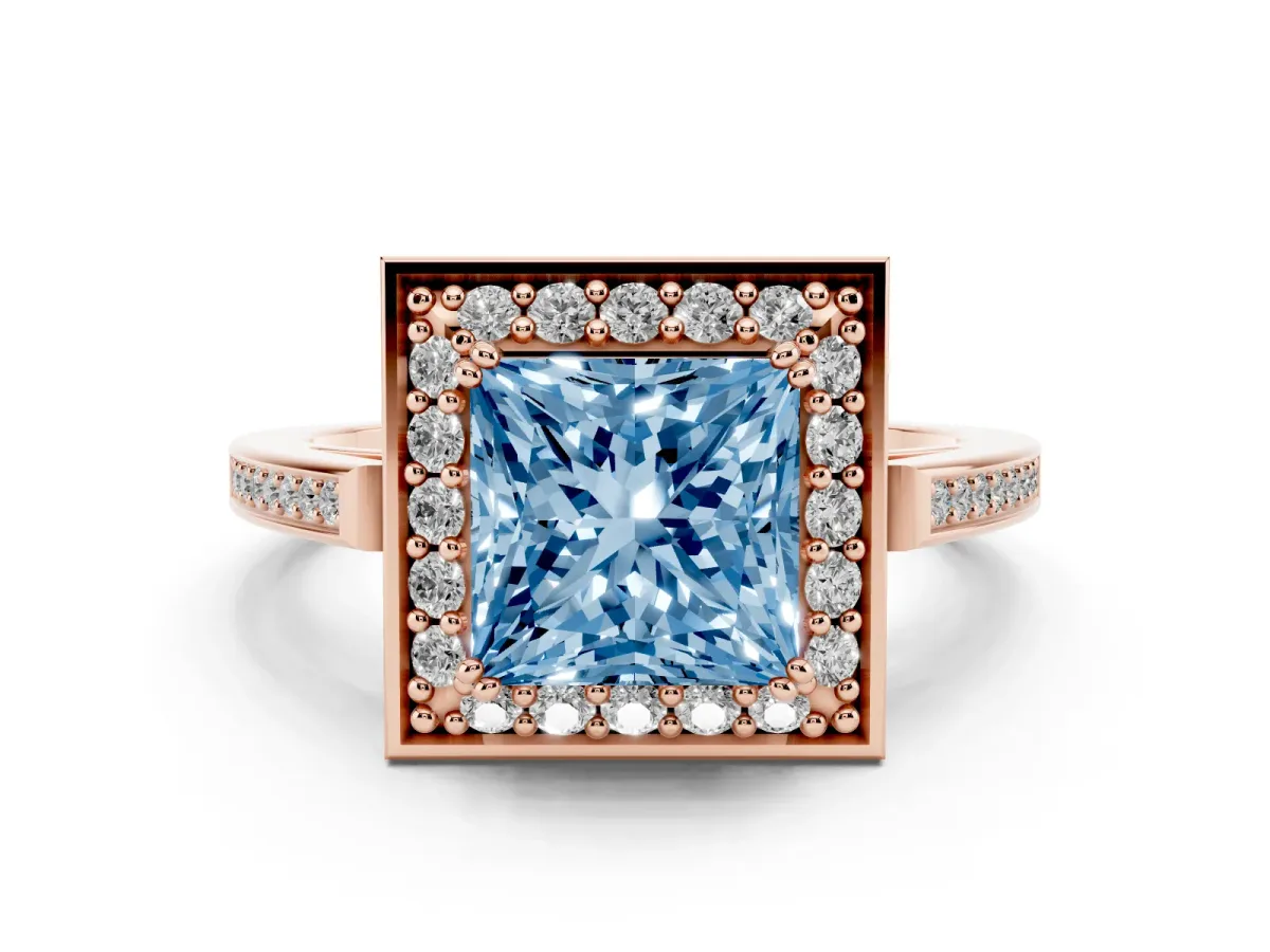 Fancy Blue Princess Cut Diamond Halo Ring with Split Shank and Four-Prong Setting Rose gold