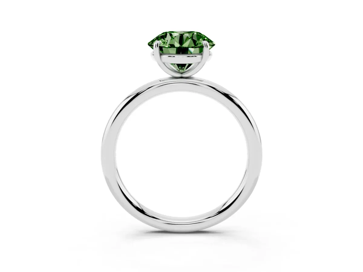 Fancy Green Round Cut Solitaire Diamond Ring with Four-Prong Setting on a Plain Band Platinum