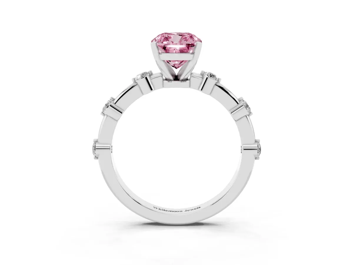 Fancy Pink Cushion Cut Solitaire Diamond Ring with Bezel Set Side Stones and Prong Setting Silver