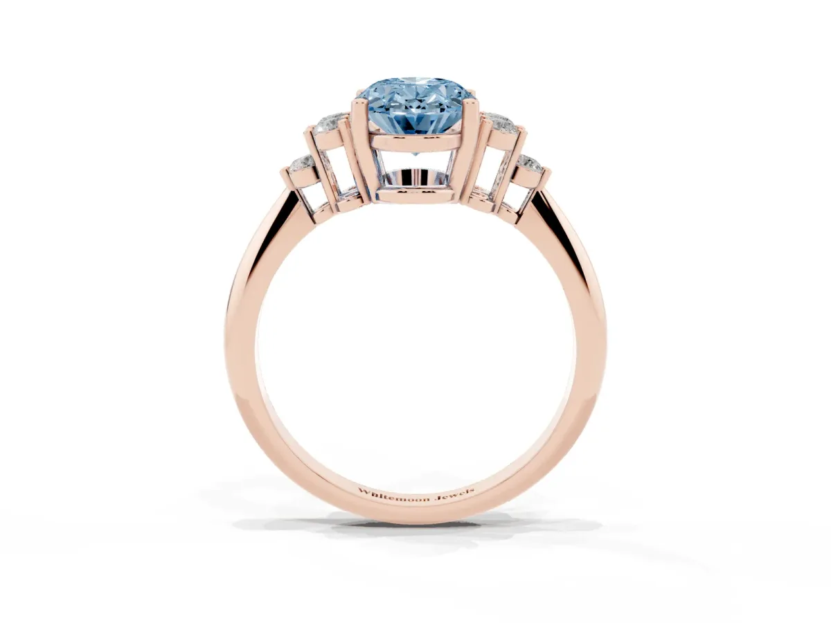 Fancy Blue Oval Cut Cut Diamond Cluster Ring with Solitaire Band and Four-Prong Setting Rose gold