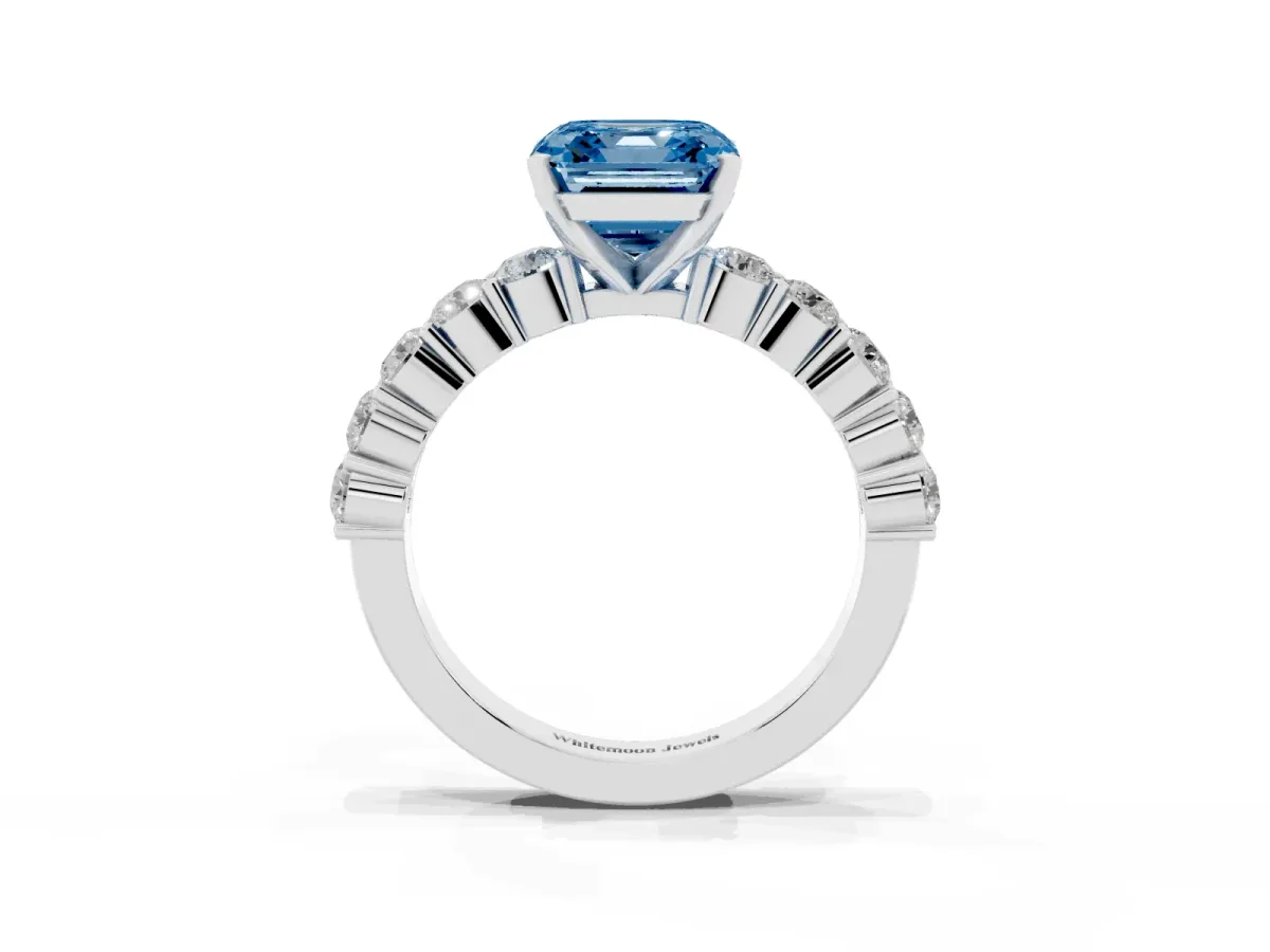 Fancy Blue Asscher Cut Diamond Solitaire Ring with Shared Prong Round Side Stones White gold