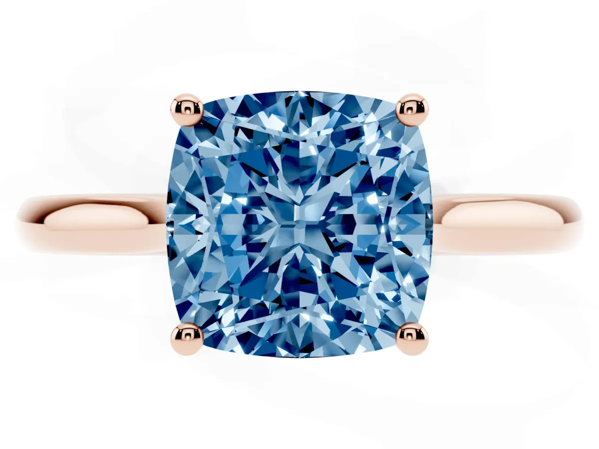Fancy Blue Cushion Cut Cut Solitaire Ring with Cathedral Band and Four-Prong Setting Rose gold